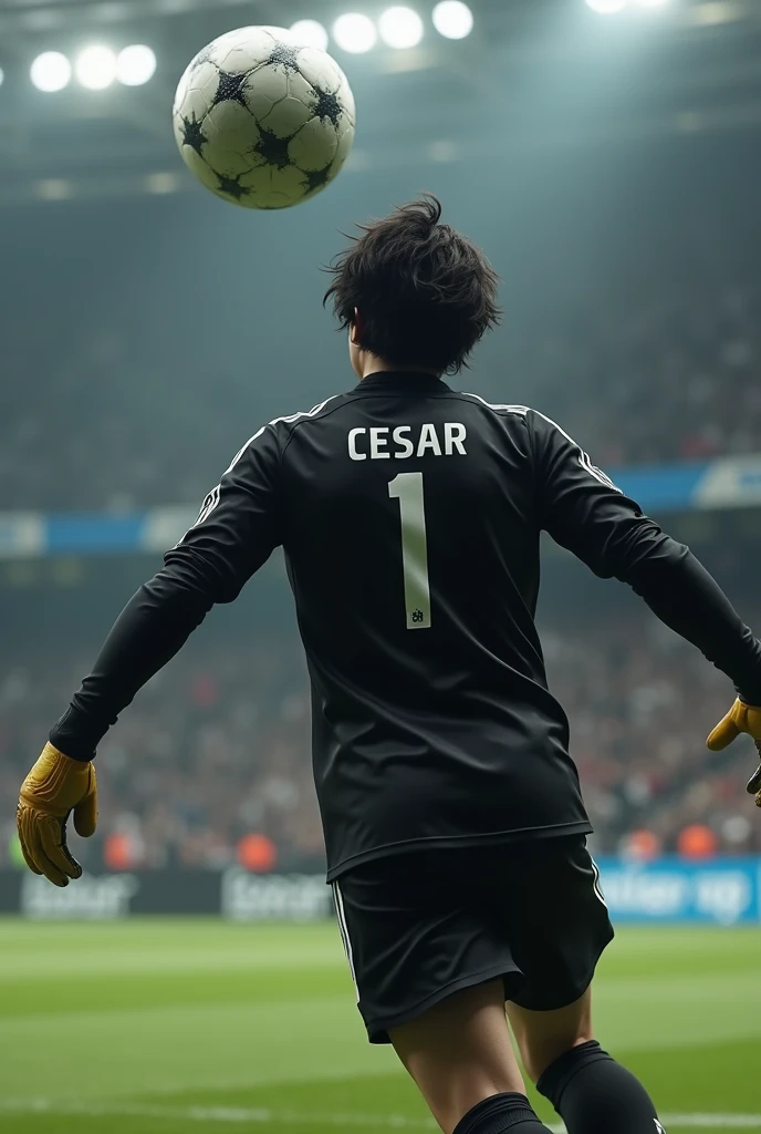 A super realistic goalkeeper with his back turned, catching a ball in the air with the name Cesar on his shirt and the 1, long-sleeved black shirt without the footballer&#39;s face being visible, skinny and dark,  medium hair,