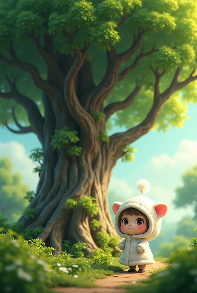 Camphor tree, cute mini character wearing a white coat