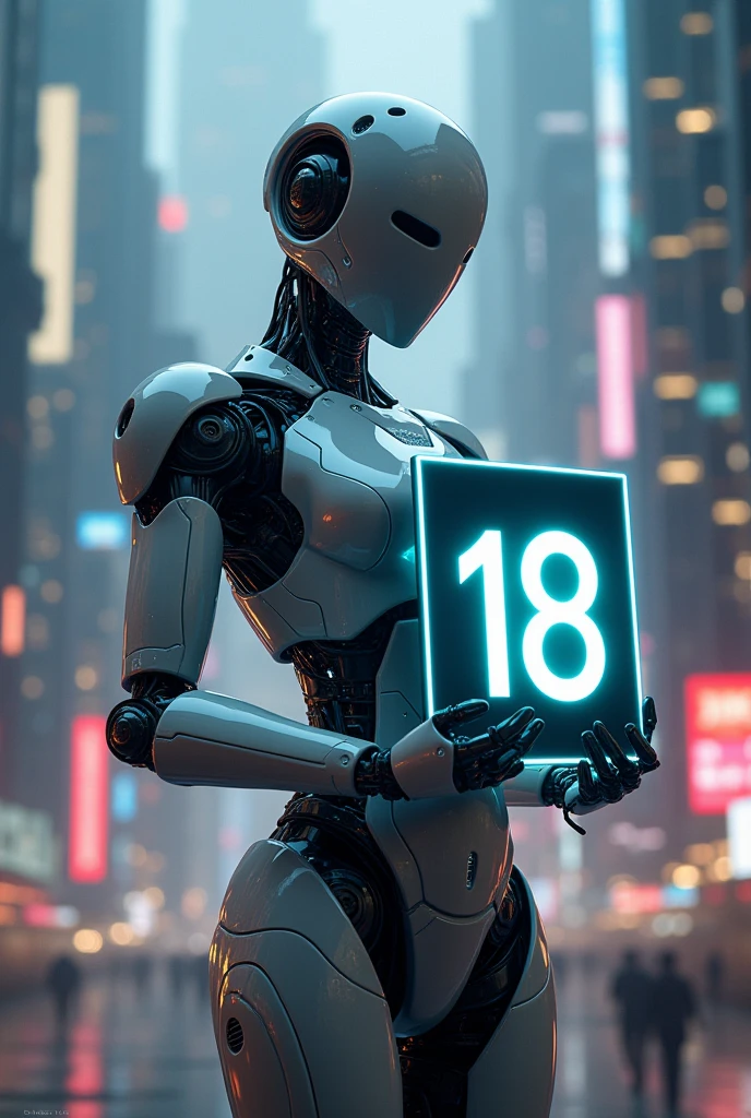 A robot with a sign with the number 18