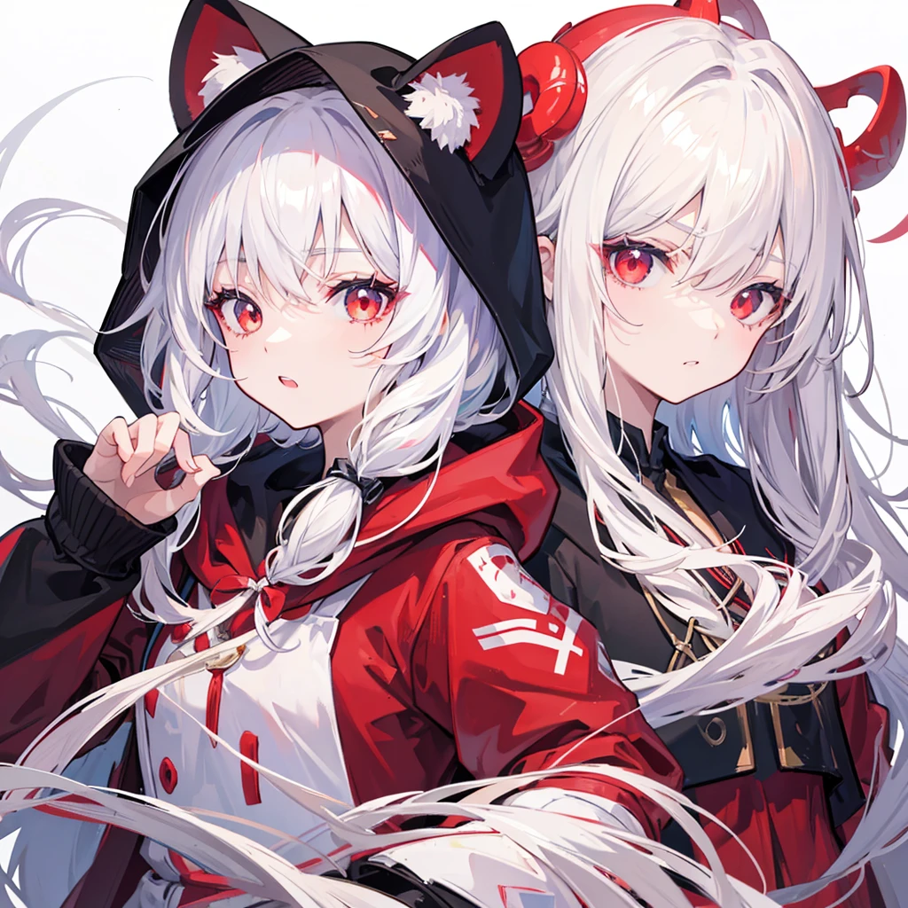 One person, High resolution, Simple Background, Anatomically correct, 最high quality, masterpiece, high quality, Very detailed, White Hair, Gradient color hairstyle, Straight Hair, Open your eyes, Gradient eyes, Double teeth, ribbon, Illustration, Character Design, Gaze, High-resolution model, detail, 高いdetail, Braided topknot, Bangs in the same direction, Red eyes, Character portrait, Animal shaped hood, Simple Background, school uniform,