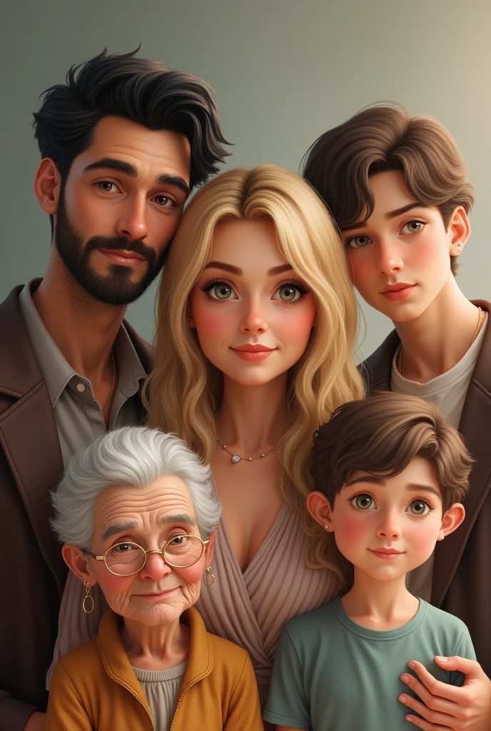 creates an image of a family which is made up in the center by a woman with blonde hair, On her right side is her husband who has black hair and green eyes., On the right side of the woman is a young man, To the right of the young man is his grandmother., Make them more realistic and have everyone looking forward.

