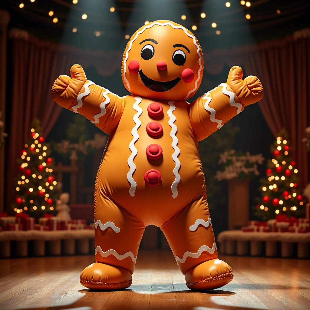 an actor with Inflatable gingerbread man custome on a Christmas Show Stage, (Practical, RAW photos, Super Fine), Practical Light