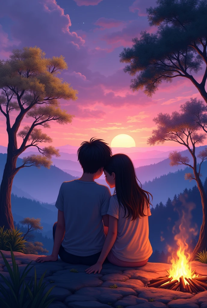 A boy and girl sitting on the edge of a mountain, girls head on the boy's shoulder , purple sky , campfire behind, and trees of laburnum