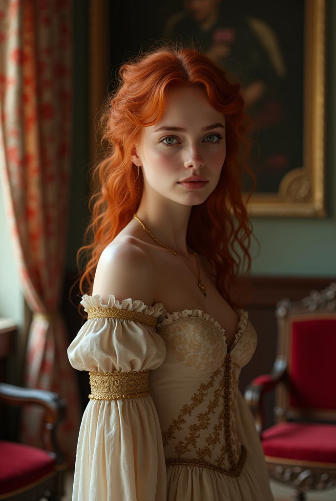 beautiful girl, 19 years, Skinny body, Red curly hair, sexy, wearing a cute medieval dress, shy face, in an elegant room of a medieval castle