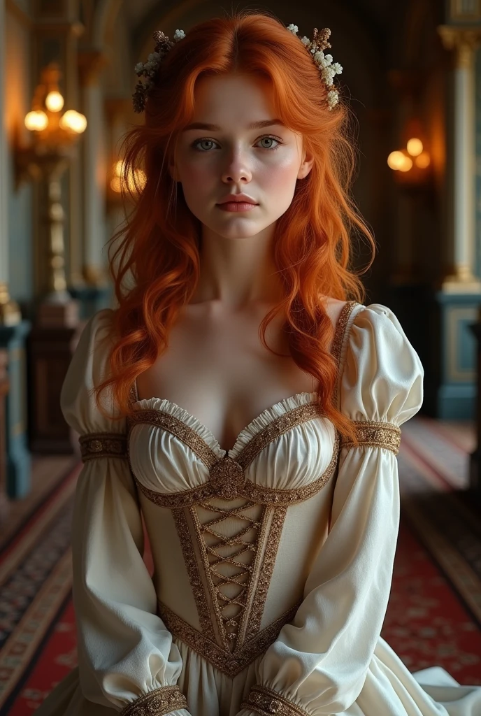 beautiful girl, 19 years, Skinny body, Red curly hair, sexy, wearing a cute medieval dress, shy face, in an elegant room of a medieval castle