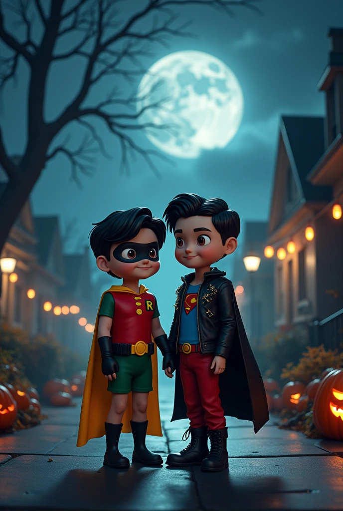 “A dark Halloween night scene with a full moon shining in the sky. The background features a quiet street lined with shadowy trees and a few distant silhouettes of houses. The street is dimly lit by a few glowing streetlights, casting faint shadows. There are subtle Halloween decorations like pumpkins, spider webs, and string lights scattered along the edges. The atmosphere is mysterious and festive, with an eerie glow from the moon. The focus is on two characters in the center: one dressed as Robin with a red cape, green pants, and a visible diaper, while the other is in a punk-style Superboy costume with a blue shirt, black leather jacket with spikes, and red pants. They are standing together, with expressions of complicity and warmth. The scene has a blend of dark and vibrant colors, enhancing the contrast between the night’s darkness and the colorful costumes