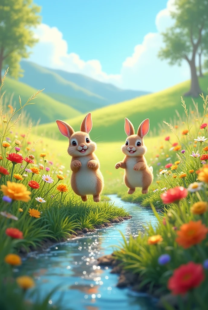 A bright, sunlit meadow filled with wildflowers of various colors. A small sparkling stream flows through it. 2 paws of rabbits