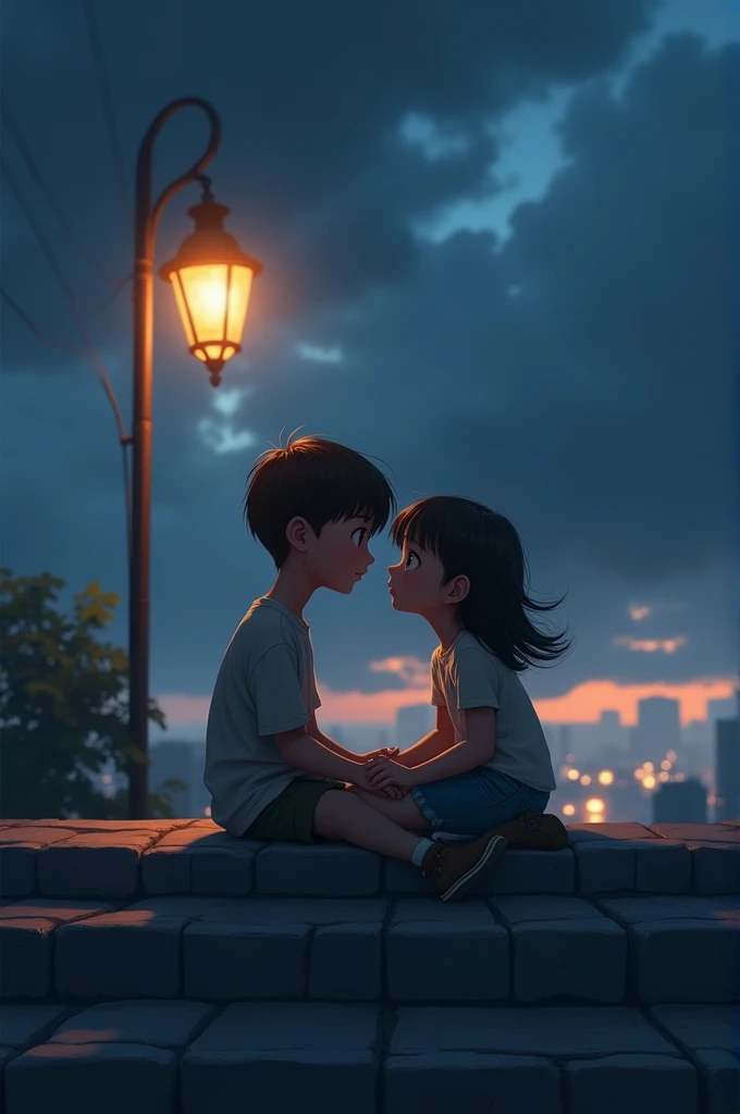 A boy and a girl sitting holding hands on a large, high, tiled step at night with a cloudy sky and a street lamp in the background illuminating 