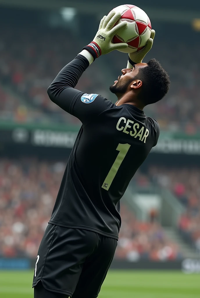 A super realistic goalkeeper with his back turned, catching a ball in the air with the name Cesar on his shirt and the 1, long-sleeved black shirt without the footballer's face being visible, skinny and dark, by the median, boy,