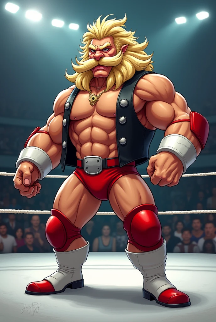 Cartoon Tarantula dressed like NWA wrestler Magnum TA.
Cartoon Tarantula head. Cartoon Tarantula face, hands, chest, arms, legs, eyes, nose, and mouth.
Bushy blonde mullet head hair. Blonde mustache. Muscular.
Red trunks. Red kneepads. Black leather vest. White cowboy boots on each foot.
Standing in a wrestling ring.