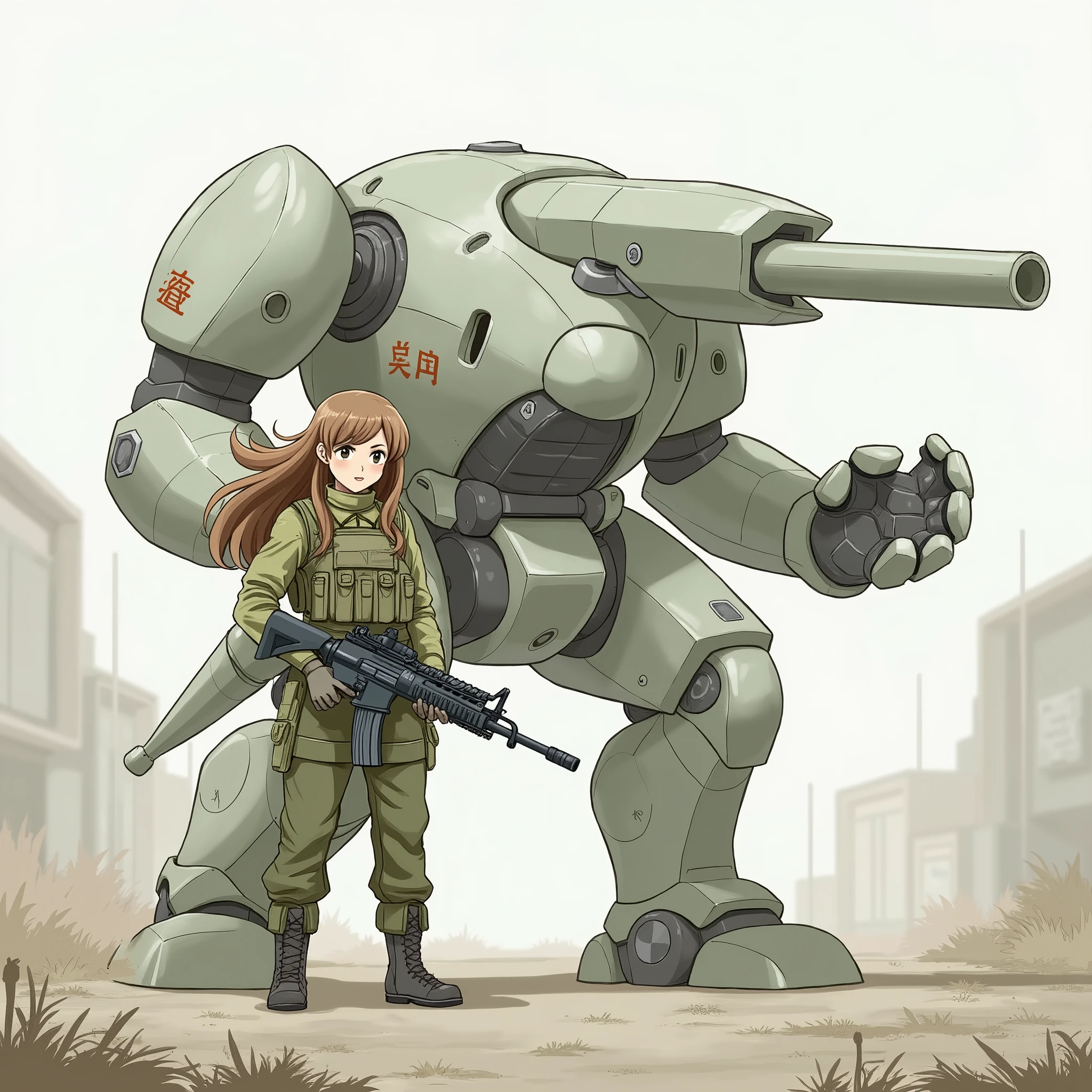 there is a girl with brown hair in millitary uniform holding heavy rilfe standing next to green mech robot with gun, metal gear mech, mecha animal, holding, standing, weapon, holding weapon, character name, gun, 1 humans, 1 robot, traditional media, robot, holding gun, mecha,