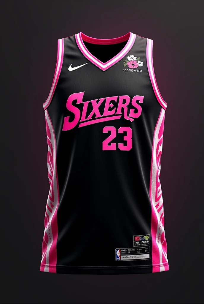create a basketball jersey design with these details please:
team name: sixers
colors: whole black and hints of pink
looks: white tribal lines at the side and add a little hints of sakura flower and make the collar just solid white
font style: pink colored modern text
logos: no logo is fine
include a number also please