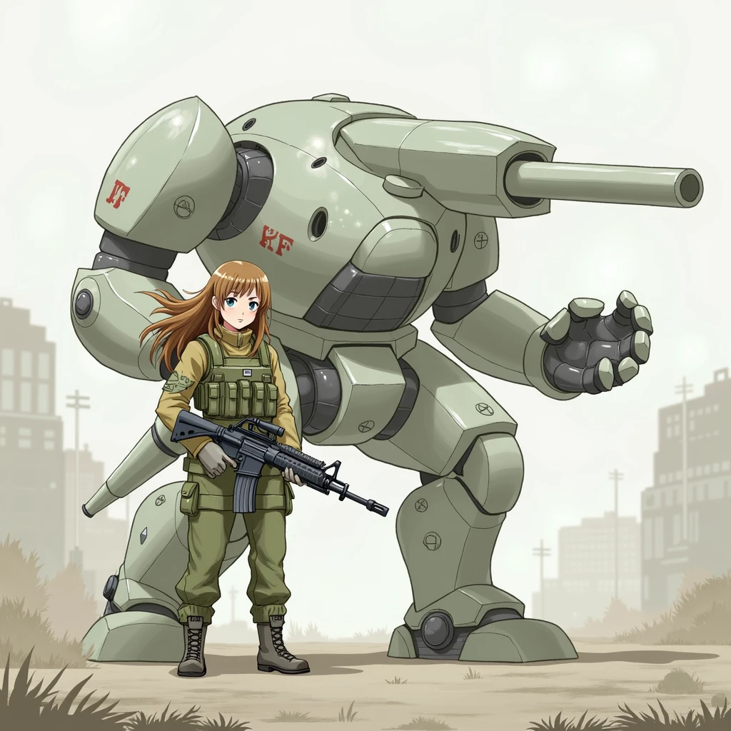 there is a girl with brown hair in millitary uniform holding heavy rilfe standing next to green mech robot with gun, metal gear mech, mecha animal, holding, standing, weapon, holding weapon, character name, gun, 1 humans, 1 robot, traditional media, robot, holding gun, mecha, 