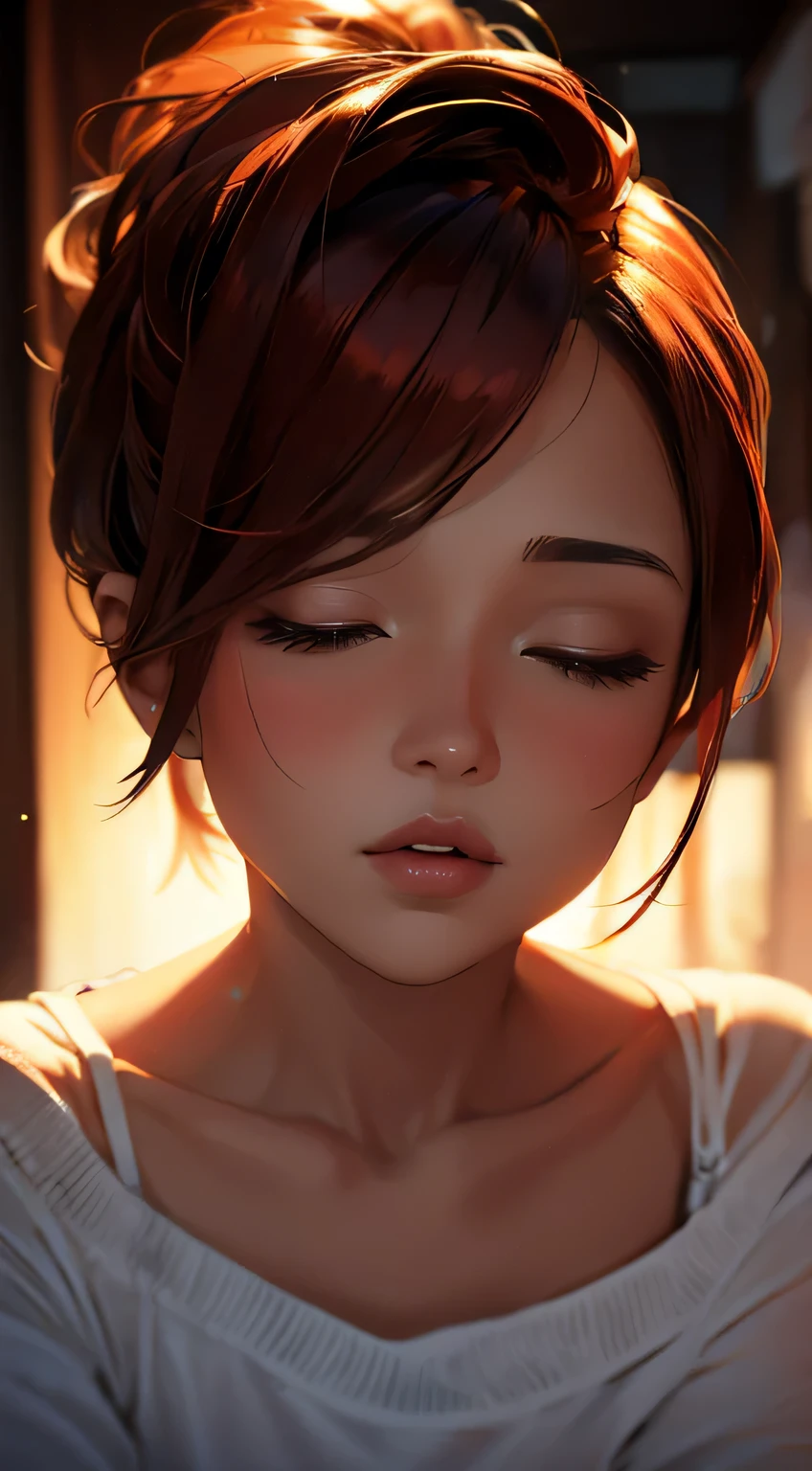 Amazing portrait of a woman who is 30 years old and an adult and a sexy woman with a beautiful face and a short bob hairstyle with her eyes closed and blushing intensely with her parted lips being desperate and flustered and lustful wearing an oversized off shoulder orange t shirt as she's laying on her bed during night time with soft lighting showcasing her red lips and her beautiful face in detail and close up