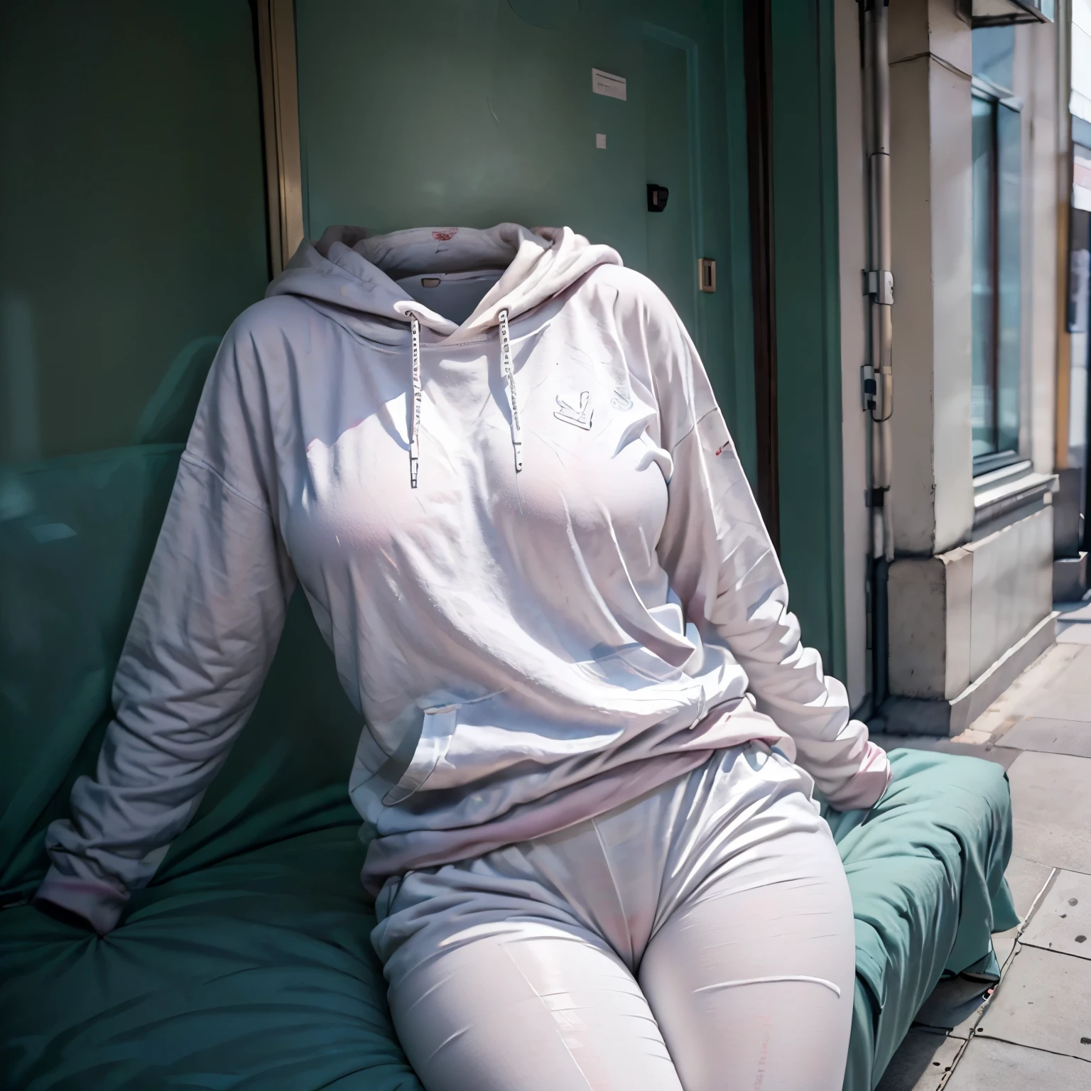 (invisible, no humans, headless, handless, faceless:1.5),(cute big breasts:1.5), pink sleeve, hoodie, white pantyhose, in city, (8k, RAW photo, best quality, masterpiece:1.2), (realistic, photo-realistic:1.37), photon mapping, radiosity, ((Hasselblad photography)), physically-based rendering
