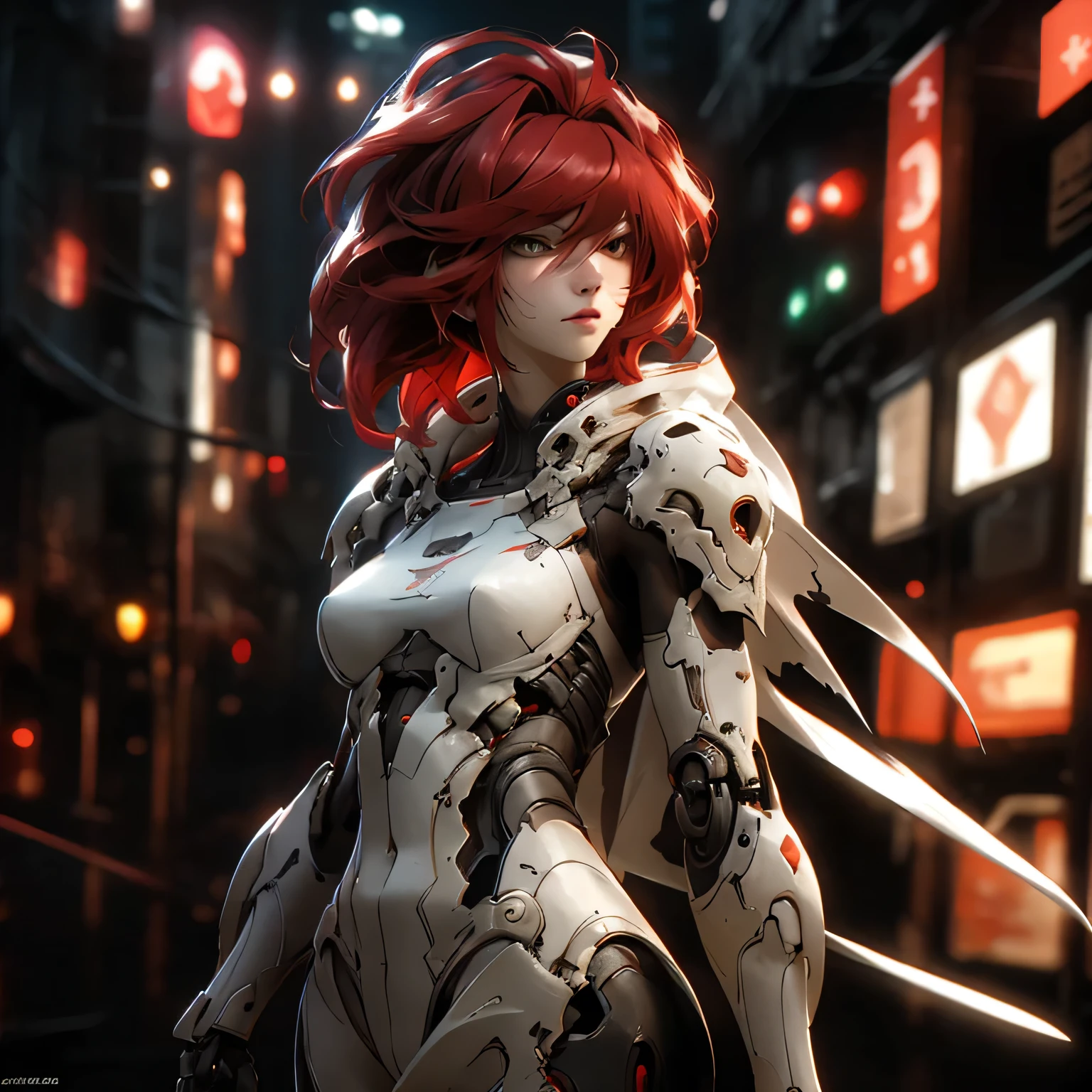 ((best quality)), ((Masterpiece)), (details:1.4), 3d, Image of a beautiful cyberpunk woman., HDR (high dynamic range), mature woman, Hips up, Curtain Bangs, Red hair, white eyes, battle suit, intricate mechanical techwear armor, PBR surface, After processing, Anisotropic filtration,depth of field, Maximum clarity and clarity, multi-layered surface, perfect proportions, 8K raw files, cyberpunk, at night, ผมหลายชั้น, กระโปรงสั้น, natural lighting, soft lighting, sunlight, หน้าอกใหญ่,
