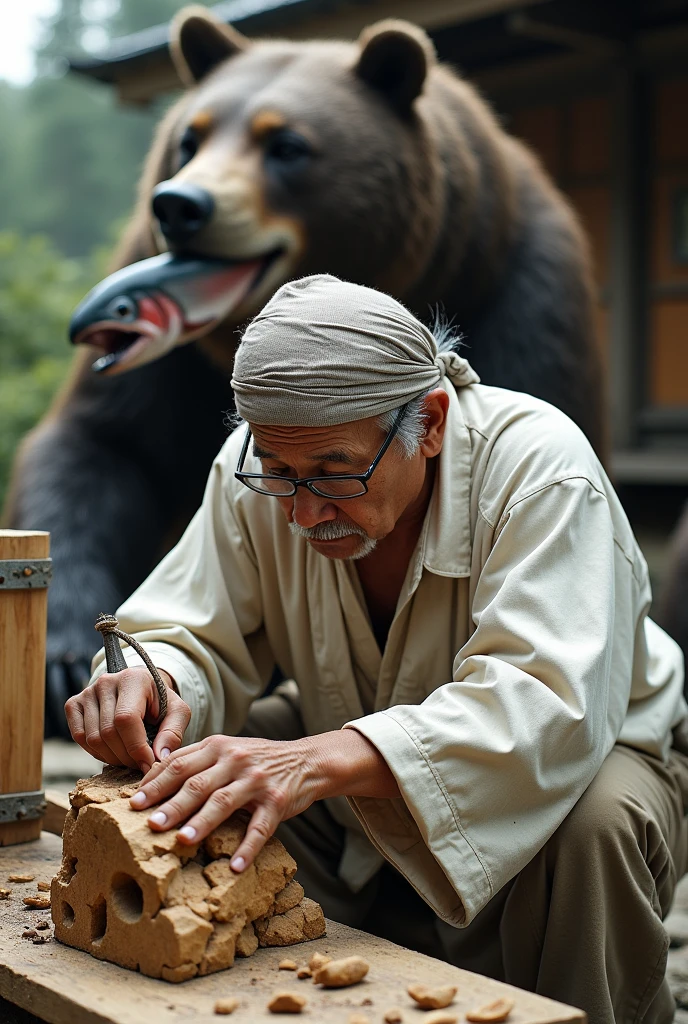 The old sculptor. Japanese, Traditional Craftsmen, White rough shirt, Rough cotton trousers, nervous face, Glasses that are about to fall off, A head towel wrapped like a pirate, concentrated, Carving work, holding a carving tool in his hand, Carving a crumbling block of wood, Roughly carved block of wood, A big bear walks up behind me, Walking with a salmon in his mouth