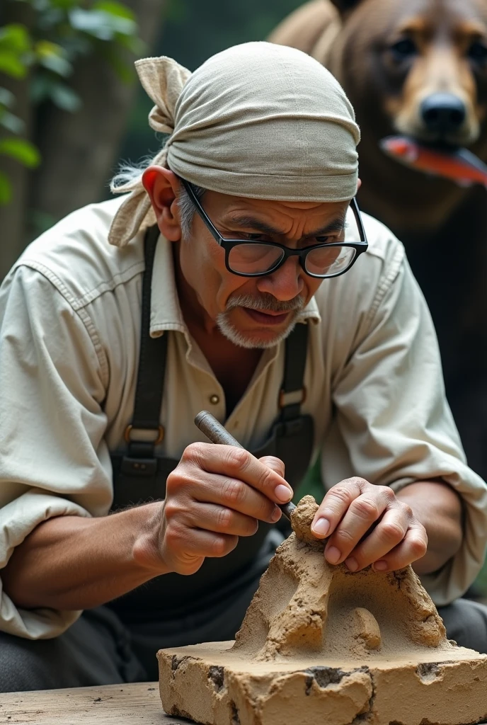 The old sculptor. Japanese, Traditional Craftsmen, White rough shirt, Rough cotton trousers, nervous face, Glasses that are about to fall off, A head towel wrapped like a pirate, concentrated, Carving work, holding a carving tool in his hand, Carving a crumbling block of wood, Roughly carved block of wood, A big bear walks up behind me, Walking with a salmon in his mouth