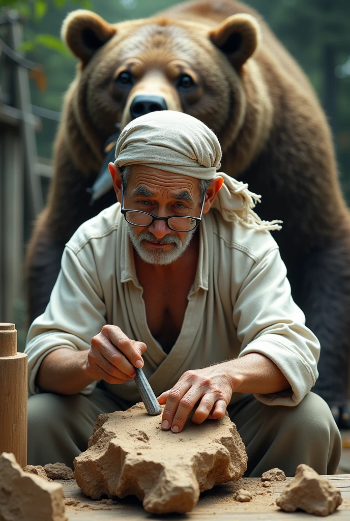 The old sculptor. Japanese, Traditional Craftsmen, White rough shirt, Rough cotton trousers, nervous face, Glasses that are about to fall off, A head towel wrapped like a pirate, concentrated, Carving work, holding a carving tool in his hand, Carving a crumbling block of wood, Roughly carved block of wood, A big bear walks up behind me, Walking with a salmon in his mouth