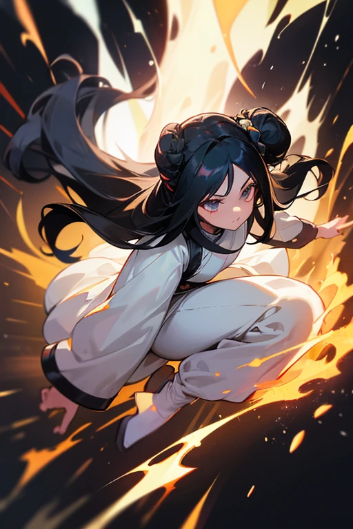 A girl from , long black hair and tied with buns, She is quite agile and uses fire powers, Your WHITE clothes are flexible and highlight your power, your clothes are like no one else's except without a mask, she has very light purple eyes, she manipulates fire very well