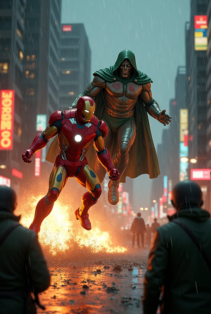 Iron man vs doctor doom night fight in Mumbai rain and pepoles watching them