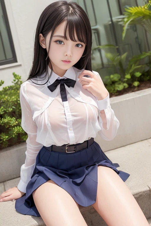 nsfw, Young Japanese Woman、Twin tails、Slightly larger, super detailed idol face、White collared blouse| (Complete outfit with open sides), Naked Big Breasts、A soft, slender body、Light pink nipples、A rolled up tartan mini skirt、Ultra detailed white panties:1.2, Attractive thighs、Black short socks、Brown leather loafers