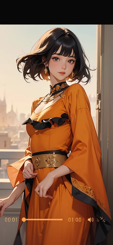 (best quality, masterpiece), 1 woman, intricate details, Beautiful,A one-piece dress in a saffron color, looking at viewer,, black hair, medium hair, blunt bangs, happy, A woman&#39;s back view flying with her arms outstretched in a lying pose in the sky.