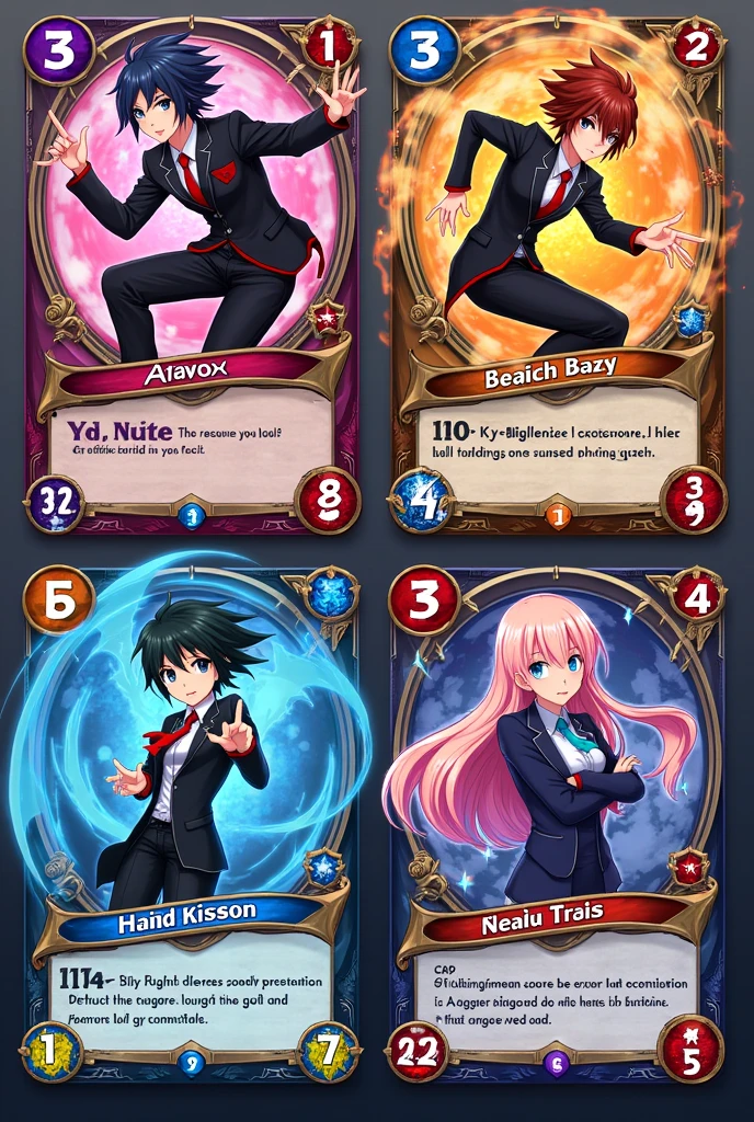Create an image containing four cards for an anime card game. Each letter must have the following layout:
Character Image: In the center of each card, include a detailed and colorful illustration of an anime character. The character must have a striking look and be in a dynamic pose., maintaining a realistic and vibrant art style.
Character's Name: Place the character's name at the top of the card, using a stylized font that matches the anime theme.
stats:
Attack: Place an icon or box in the upper left corner to indicate the attack value.
defense: Insert an icon or box in the lower left corner for the defense value.
life: Add an icon or box in the bottom right corner for the lifetime value.
Special ability:
Skill Name: Reserve a section in the top right corner for the name of the special ability.
Skill description: Below the skill name, include space for a brief description of the special ability.
Design and Style: Cards should have a cohesive design, with a cartoon look to the overall layout of the letter, including the edges, icons and fonts. Use vibrant colors and graphic elements that complement the character art, creating a fun and harmonious aesthetic that is reminiscent of an anime style.
Composition: Arrange the four cards so that each one is clearly visible and distinct in the image., ensuring an attractive and functional composition for an anime card game.