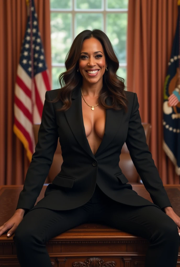 ((Masterpiece)), ((Best Quality)), 8K, HD, Super Detail, Kamala Harris, posing for a picture in the oval office, smile, legs spread wide, revealing clothes, cleavage,
