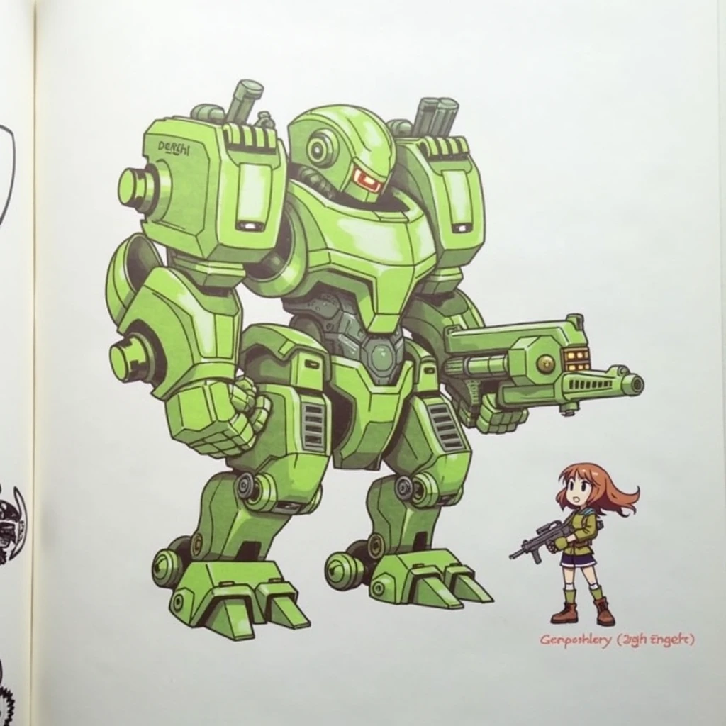 there is a girl with brown hair in millitary uniform holding heavy rilfe standing next to green mech robot with gun, metal gear mech, mecha animal, holding, standing, weapon, holding weapon, character name, gun, 1 humans, 1 robot, traditional media, robot, holding gun, mecha, 