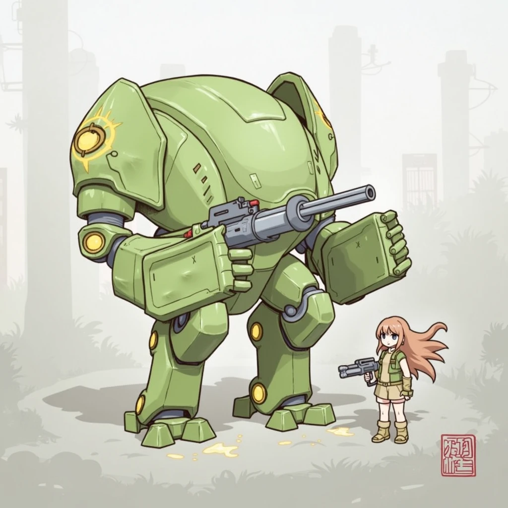 there is a girl with brown hair in millitary uniform holding heavy rilfe standing next to green mech robot with gun, metal gear mech, mecha animal, holding, standing, weapon, holding weapon, character name, gun, 1 humans, 1 robot, traditional media, robot, holding gun, mecha,
