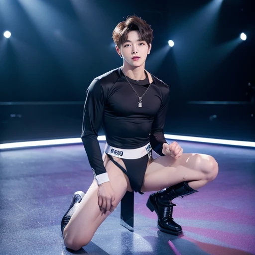 Korean handsome male idol,20 years old,Penis Exposure, Wearing a harness, Kneeling squat, Exposed, Pretty legs, Pretty Man, Adonis, thin arms, breast exposure,Long sleeve t-shirt, selling oneself, During a stage performance