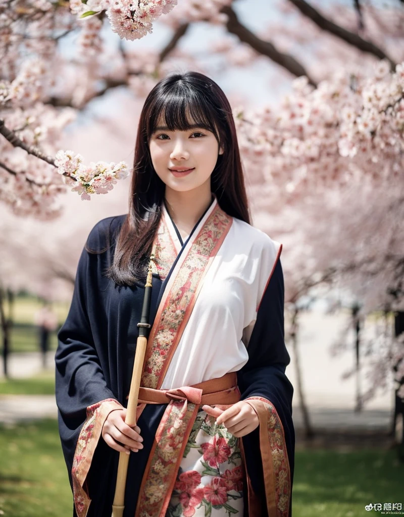 girl[Thai]Beautiful standing in the middle of the forest(The cherry blossom tree)In the thick fog, she wore an elaborate robe with embroidery inspired by nature. ((Turn your face slightly towards the camera.)) And hold(Bamboo walking stick) ผมยาวสีเข้มประดับด้วยกิ๊บติดผมอันประณีต ทอดยาวลงมาตามหลัง แสงอ่อนๆ ส่องผ่านThe cherry blossom tree สร้างบรรยากาศอันเงียบสงบและงดงาม