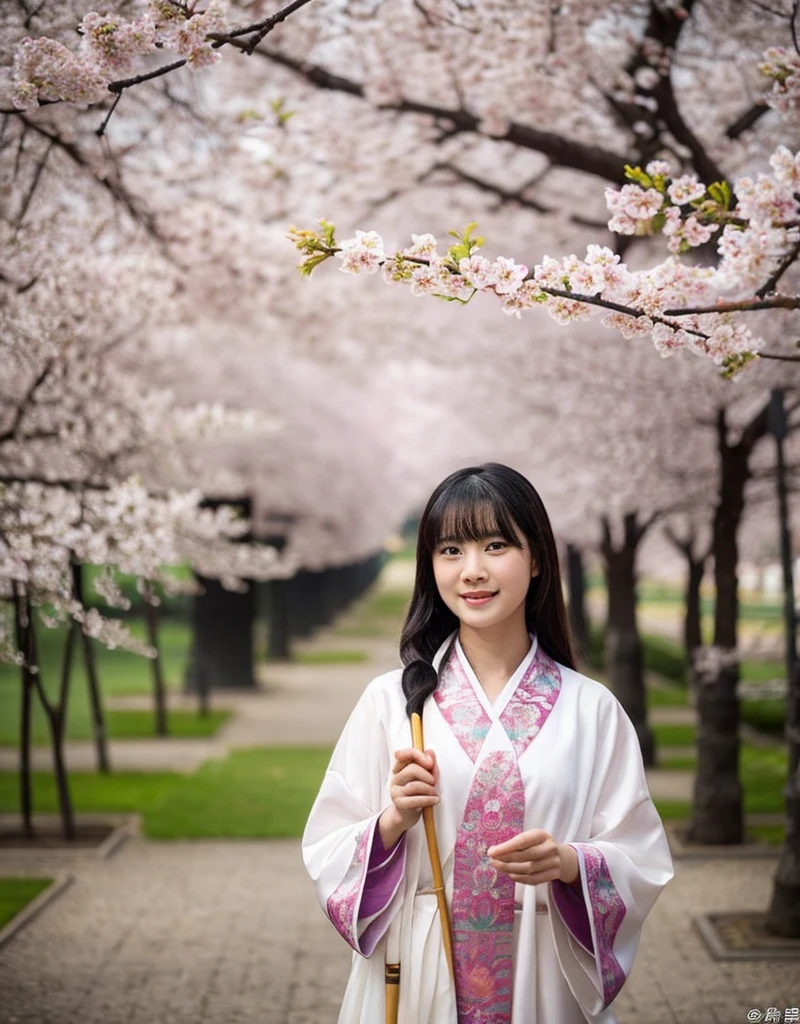 girl[Thai]Beautiful standing in the middle of the forest(The cherry blossom tree)In the thick fog, she wore an elaborate robe with embroidery inspired by nature. ((Turn your face slightly towards the camera.)) And hold(Bamboo walking stick) ผมยาวสีเข้มประดับด้วยกิ๊บติดผมอันประณีต ทอดยาวลงมาตามหลัง แสงอ่อนๆ ส่องผ่านThe cherry blossom tree สร้างบรรยากาศอันเงียบสงบและงดงาม