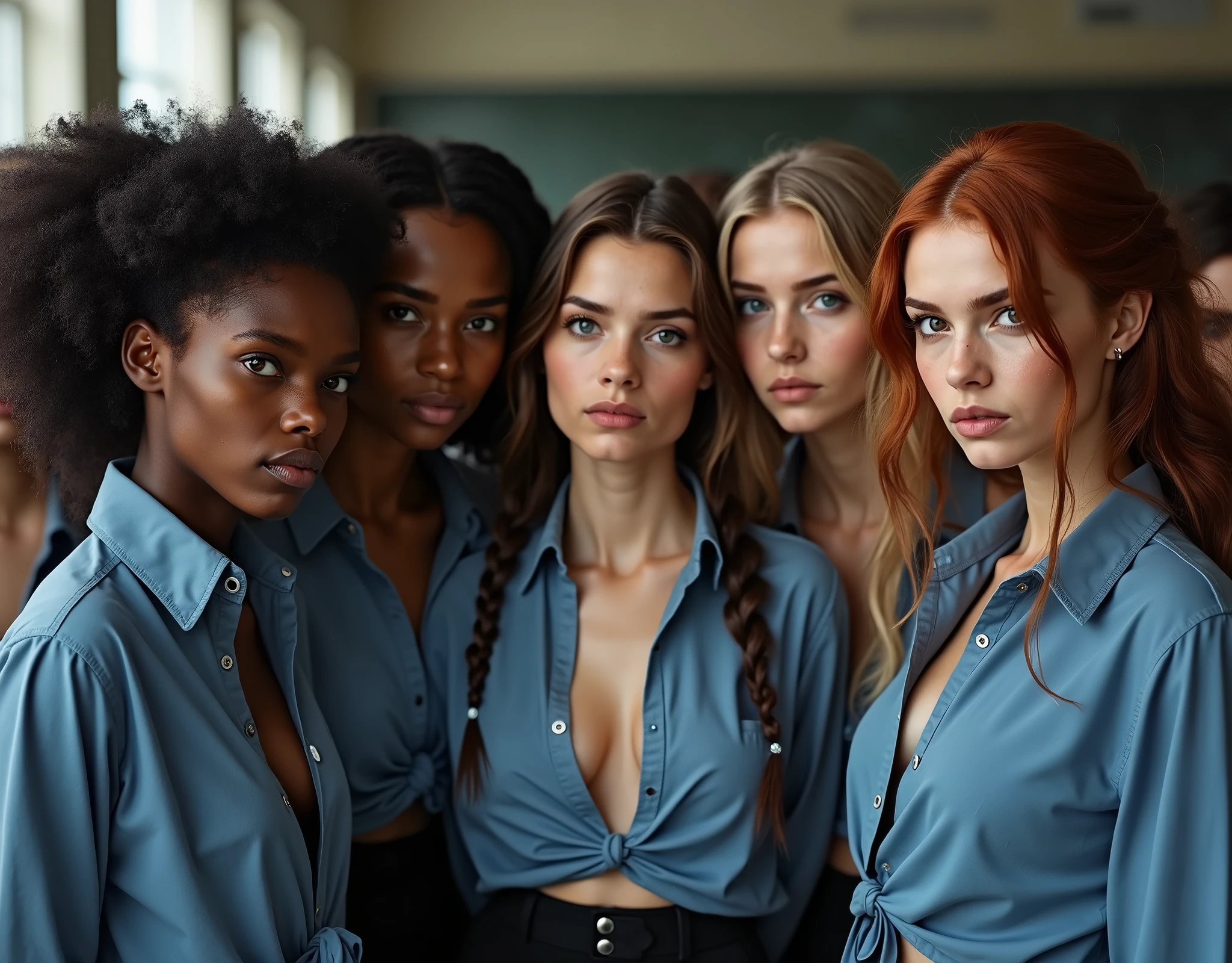 group photo, 5 women school-women, mature faces, guilty faces, skin imperfections, acne, torn lips, smiling wistfully, diverse ethicities: ebony, black, white, nordic, indian, diverse hair colors: redhead, blonde, brunette, brown hair, afro, twin braids, heavy freckles, pale skin, makeup, earings, crowded classroom, morning, school, crowd of people, school uniforms, unbottoned blue shirts, tight shirt, alluring pose, black stockings, open jacket, sexy neckline, large neckline, 16k, photorealistic, real photo, nikon d800, (YES SFW)