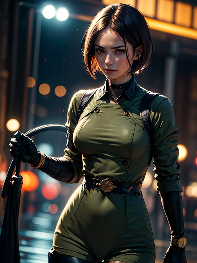 (at night), in a video game scene in the background, a beautiful city at night, raining, alone, standing looking straight ahead, green female military suit, semi-short hair, ((semi-short hair)), 1 girl, 30 years old, young woman, perfect hands, Beautiful fingers, Beautiful long legs, Beautiful body, Beautiful nose, Beautiful character design, perfect face, looking straight at the viewer with a serious and angry gesture, she has a whip in her hands (focusing on his face), closed mouth, light_smile, official art, Extremely detailed CG unity 8k wallpaper, Perfect lighting, bright and colorful front lighting, glowing skin (masterpiece: 1.0), (Best_quality: 1.0), ultra high resolution, 4k, ultra detailed photography, 8K, hdr, High resolution, Nonsense:1.2, Kodak portrait 400, film grain, Blurred background, bokeh:1.2, Lens flare, (vibrant_color:1.2), professional photography, (Beautiful) , breasts: 1.4), (Beautiful_face: 1.5), (narrow waist),