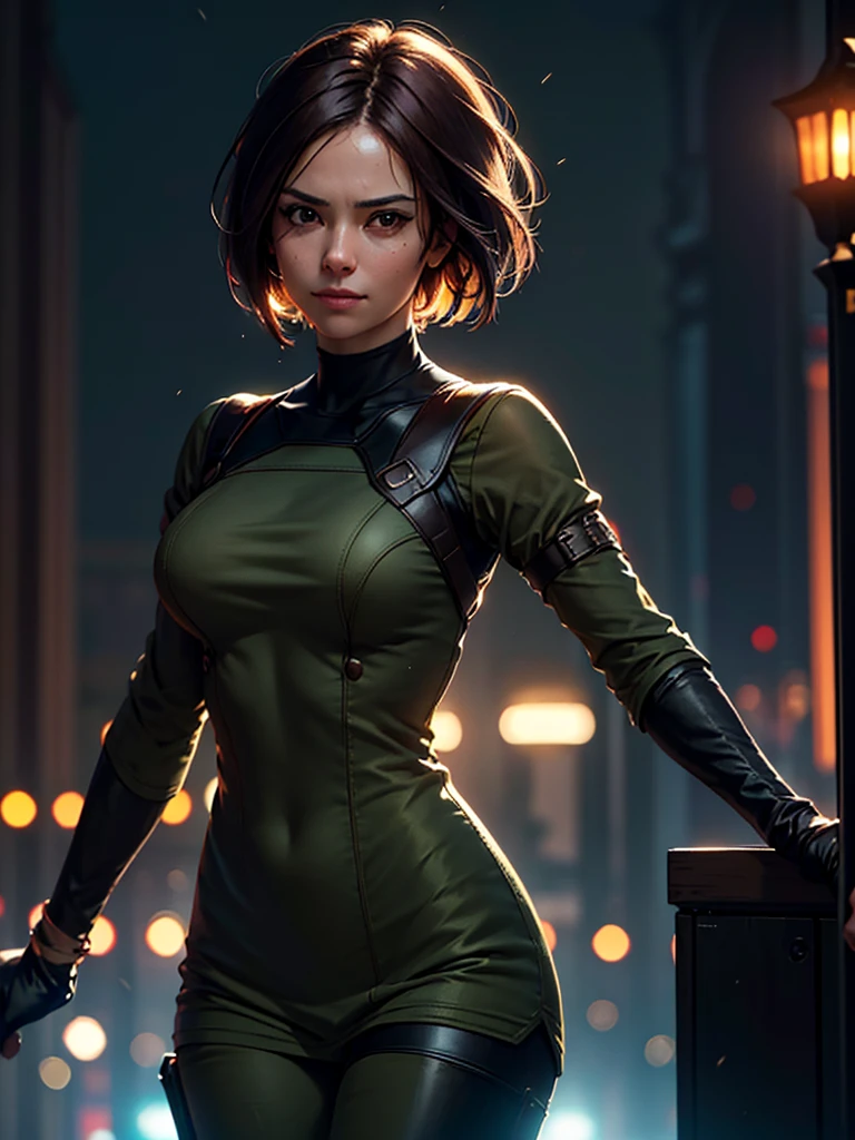 (at night), in a video game scene in the background, a beautiful city at night, raining, alone, standing looking straight ahead, green female military suit, semi-short hair, ((semi-short hair)), 1 girl, 30 years old, young woman, perfect hands, Beautiful fingers, Beautiful long legs, Beautiful body, Beautiful nose, Beautiful character design, perfect face, looking straight at the viewer with a serious and angry gesture, she has a whip in her hands (focusing on his face), closed mouth, light_smile, official art, Extremely detailed CG unity 8k wallpaper, Perfect lighting, bright and colorful front lighting, glowing skin (masterpiece: 1.0), (Best_quality: 1.0), ultra high resolution, 4k, ultra detailed photography, 8K, hdr, High resolution, Nonsense:1.2, Kodak portrait 400, film grain, Blurred background, bokeh:1.2, Lens flare, (vibrant_color:1.2), professional photography, (Beautiful) , breasts: 1.4), (Beautiful_face: 1.5), (narrow waist),
