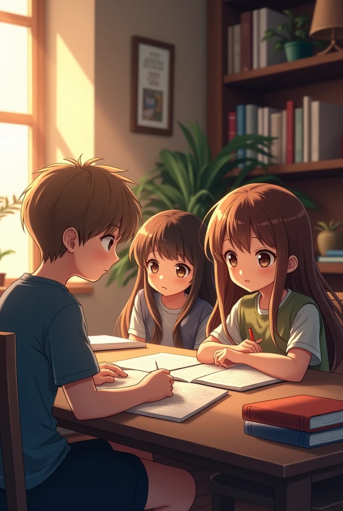 Two boys and a girl studying