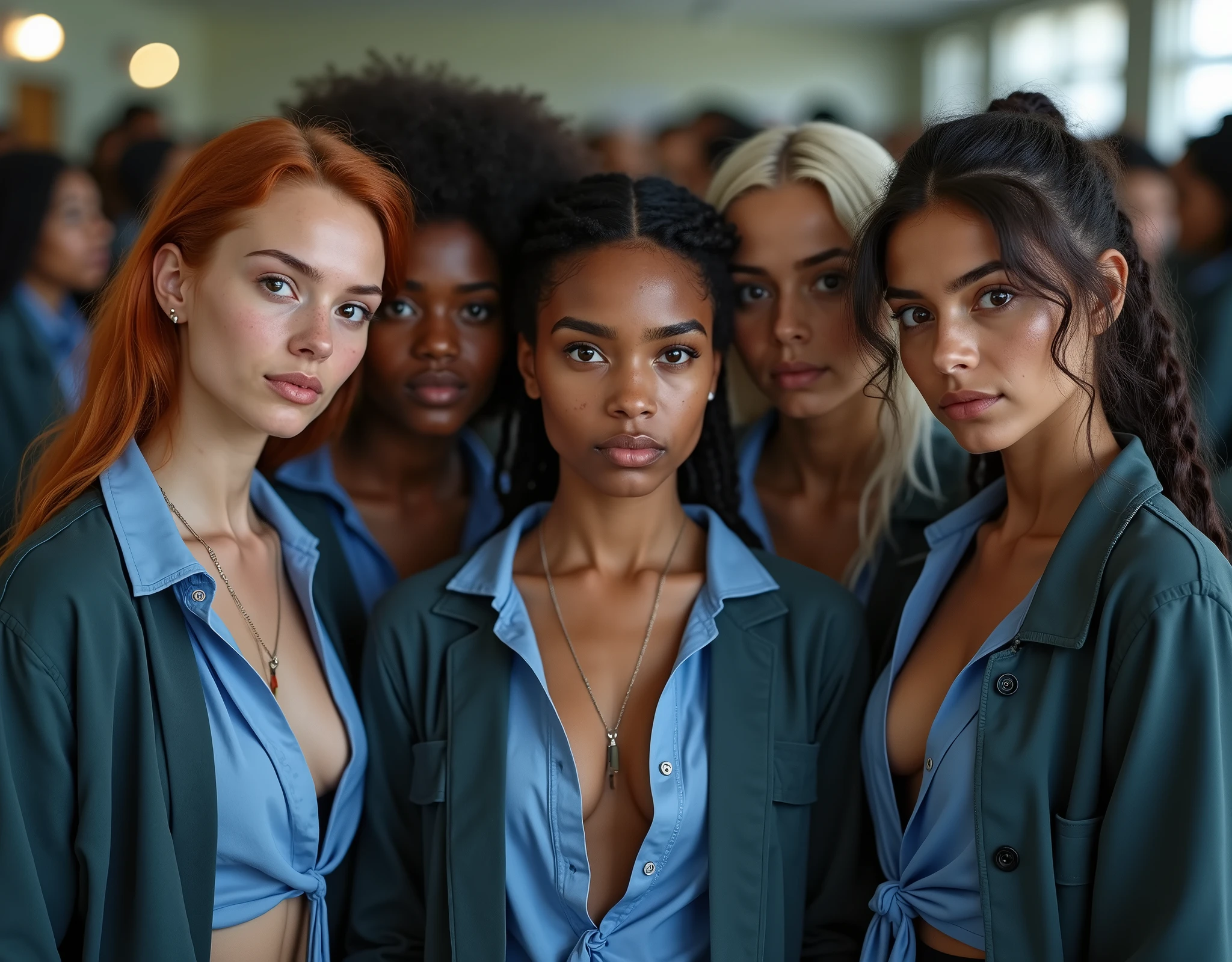 group photo, 5 women school-women, mature faces, guilty faces, skin imperfections, acne, torn lips, smiling wistfully, diverse ethicities: ebony, black, white, nordic, indian, diverse hair colors: redhead, blonde, brunette, brown hair, afro, twin braids, heavy freckles, pale skin, makeup, earings, crowded classroom, morning, school, crowd of people, school uniforms, unbottoned blue shirts, tight shirt, alluring pose, black stockings, open jacket, sexy neckline, large neckline, 16k, photorealistic, real photo, nikon d800, (YES SFW)