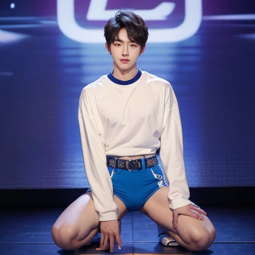 Korean handsome male idol,20 years old,Penis Exposure, Wearing a harness, Kneeling squat, Exposed, Pretty legs, Pretty Man, Adonis, thin arms, breast exposure,Long sleeve t-shirt, selling oneself, During a stage performance, Car Model