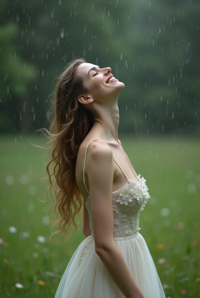 1 girl, Smiling nude Victorian woman, 2 stands looking up at the sky dancing in the rain,