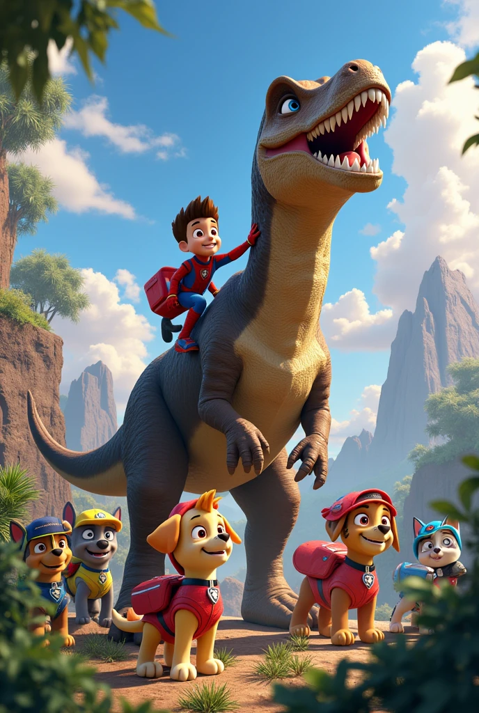 I want an image that contains the paw patrol,dinosaurs and spiderman together 

