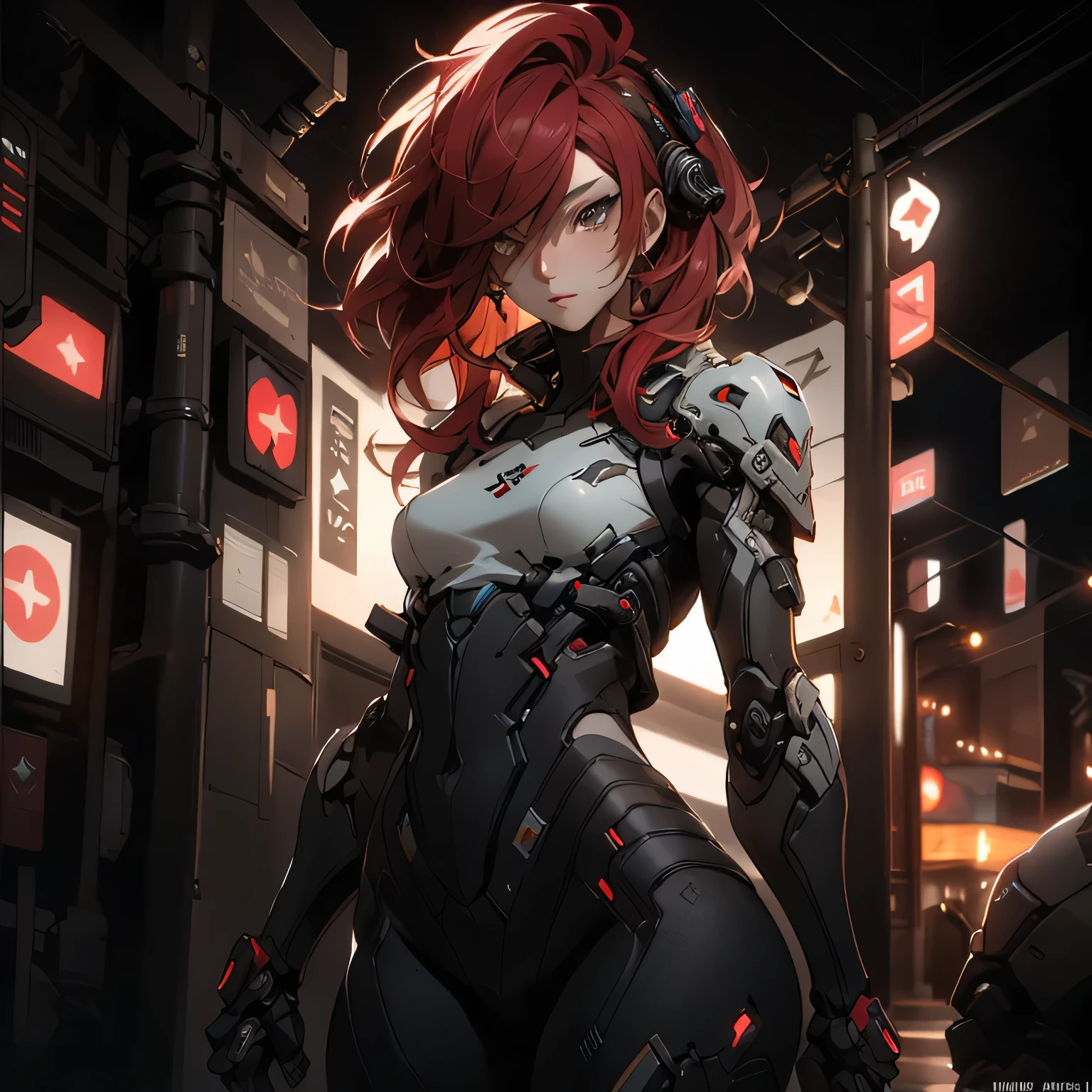 ((best quality)), ((Masterpiece)), (details:1.4), 3d, Image of a beautiful cyberpunk woman., HDR (high dynamic range), mature woman, Hips up, Curtain Bangs, Red hair, white eyes, battle suit, intricate mechanical techwear armor, PBR surface, After processing, Anisotropic filtration,depth of field, Maximum clarity and clarity, multi-layered surface, perfect proportions, 8K raw files, cyberpunk, at night, ผมหลายชั้น, กระโปรงสั้น, natural lighting, soft lighting, sunlight, หน้าอกใหญ่,