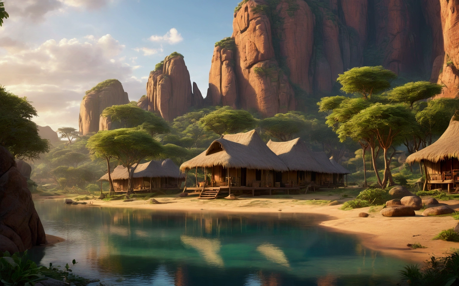 Breathtaking view of the African wilderness, beautiful sunrise over a tranquil lake, a very small African hut on one side of the scene, dramatic cinematic lighting, majestic rock formations, no animals or evil, breathtaking view, high detail, (best quality, 4k, 8k, high definition, masterpiece: 1.2), high detail, (realistic, realistic, photorealistic: 1.37), dramatic lighting, cinematic composition Pixar style close to cartoon, the land area is larger than the lake Trees and rocks Attention to precise theatrical perspective High quality on the scale of theatrical design Clear details Greek character dominates the setting, D&D game. Animation style Asar African tribe