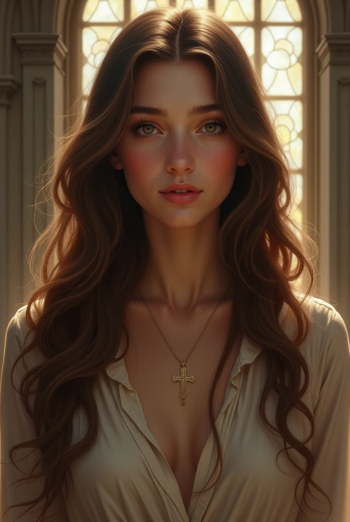 She has long brown hair with soft bangs, hazel eyes, and a serene smile. Dressed modestly with a cross necklace, she stands in a church, her expression peaceful and reflective, embodying her Christian faith.