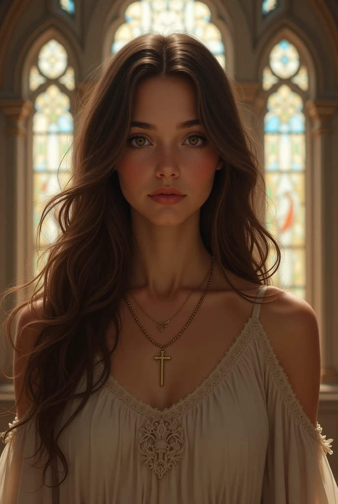 She has long brown hair with soft bangs, hazel eyes, and a serene smile. Dressed modestly with a cross necklace, she stands in a church, her expression peaceful and reflective, embodying her Christian faith.