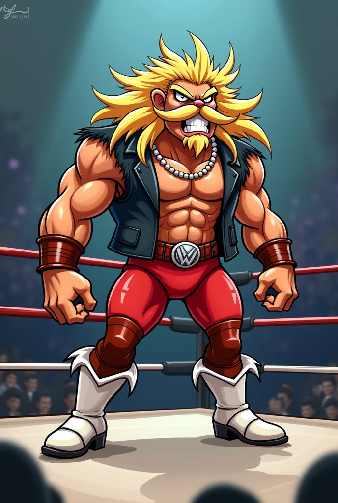 Cartoon Tarantula dressed like NWA wrestler Magnum TA.

Cartoon Tarantula head. Cartoon Tarantula face. Cartoon Tarantula hands. Cartoon Tarantula chest. Cartoon Tarantula arms. Cartoon tarantula legs. Cartoon tarantula eyes, nose, and mouth.

Bushy blonde mullet head hair. Blonde mustache. Muscular.

Red trunks. Red kneepads. Black leather vest. White cowboy boots on each foot.

Standing in a wrestling ring.