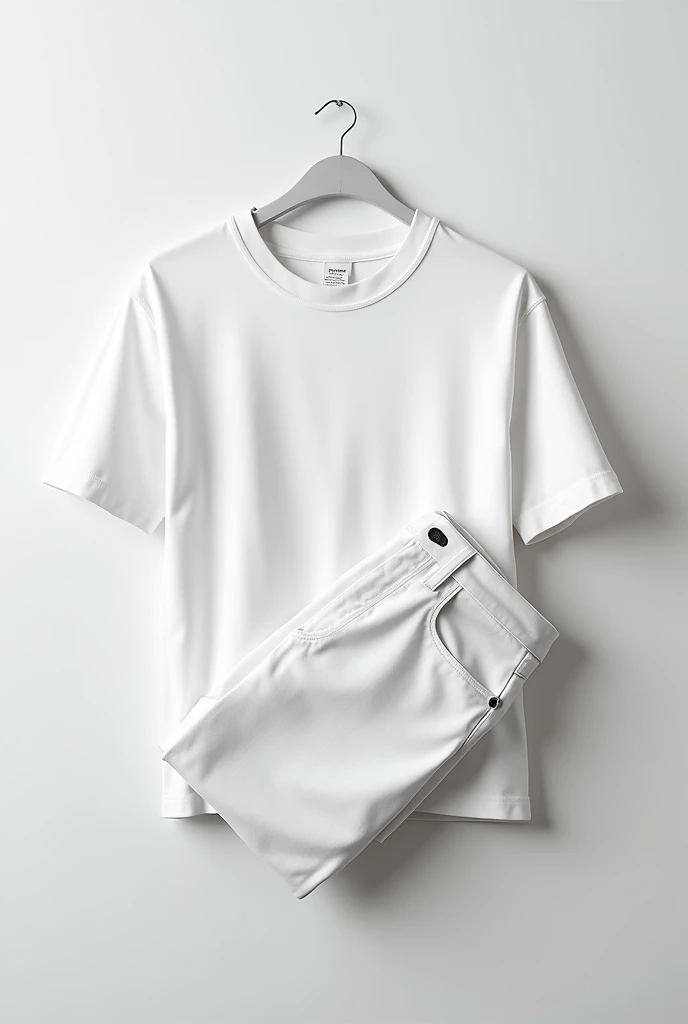 A stylish and minimalistic advertisement features a plain white t-shirt meticulously folded and placed on top of a matching pair of jeans. The t-shirt iseffortlessly trendy and versatile, making it perfect for any casual outfit. The image exudes simplicity and elegance, highlighting the clothing brand's commitment to timeless style.