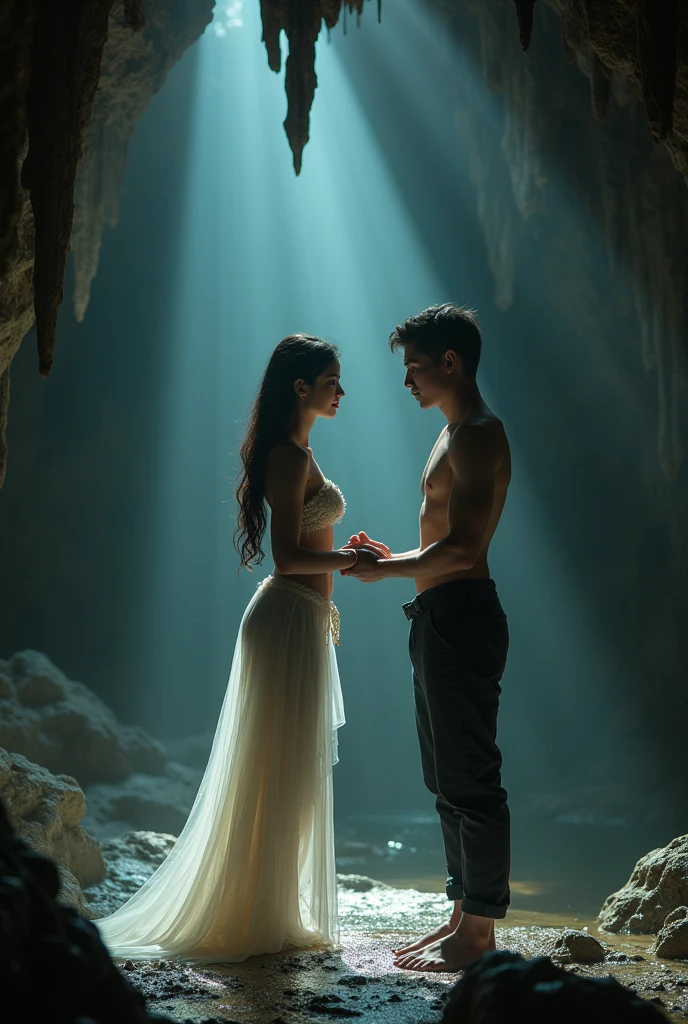 A beautiful white-skinned Thai woman stands in a cave while a young man leans down to touch her lower half, causing her body to tremble.