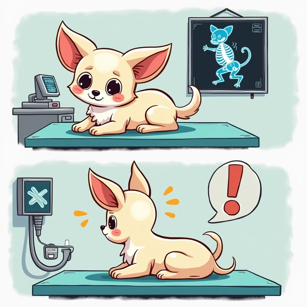 Chibi Style, 2-panel cartoon, dot halftone, Flat Color,Chihuahua undergoing X-ray examination,Chihuahuas are cream colored,smile,